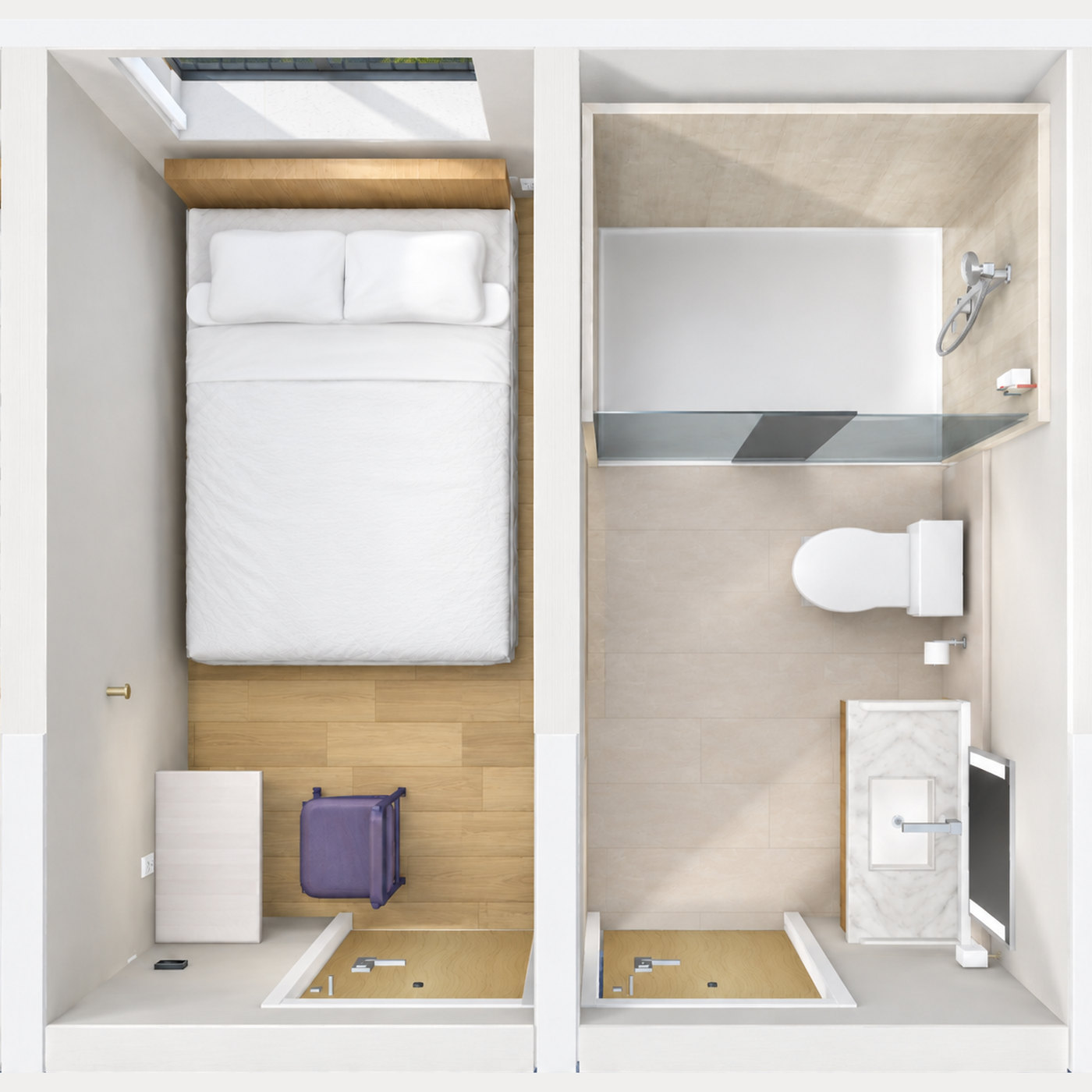 Economy room seen from above: bed, desk and luggage bench, with the single-occupancy bathroom in the next bay