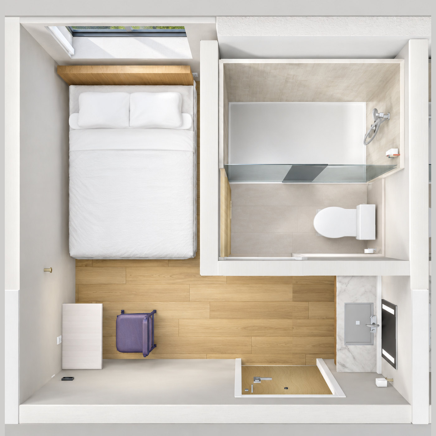 Economy Plus room seen from above: bed, desk and luggage bench with an in-suite bathroom