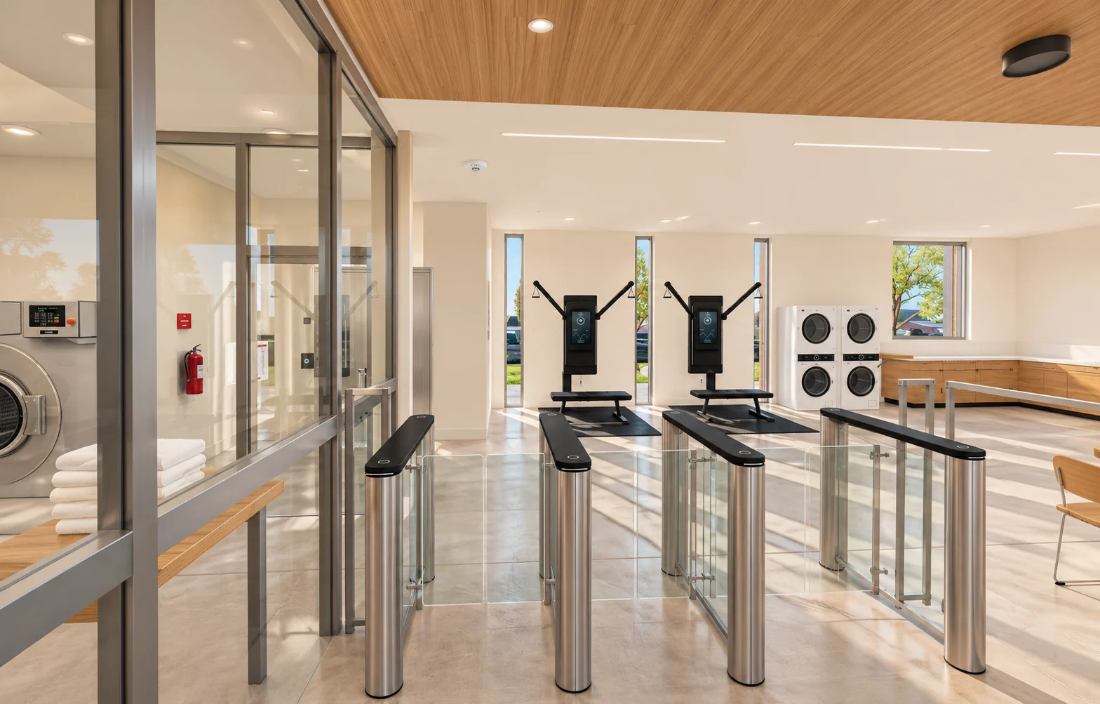 Design rendering of glass access gates at the entrance, with the workout stations ahead and the hotel laundry visible through glass on the left