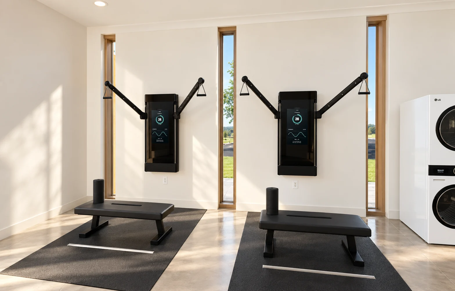 Design rendering of two wall-mounted cable-training stations with black benches and mats beside slender windows