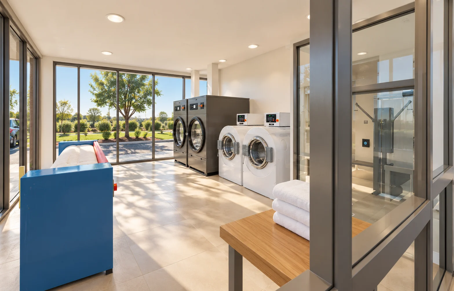 Design rendering through the laundry glass showing commercial washers and dryers, linen finishing equipment and neatly folded white textiles