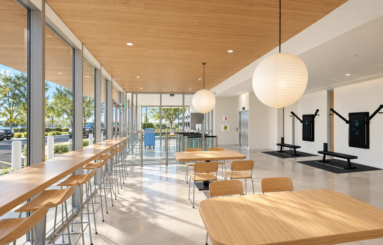 Design rendering looking across oak café tables and window seats toward the arrival area and glass-walled linen laundry, with workout stations on the right